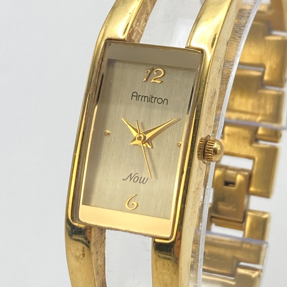 Armitron Now Women's Tank Watch 17mm Gold Tone Openwork New Battery 6.75"